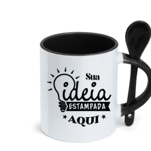 Caneca Cerâmica Branca com Interior Alça e Colher Colorida