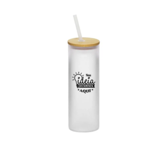 Copo de Vidro Jateado com Tampa de Bambu e Canudo - 525ml